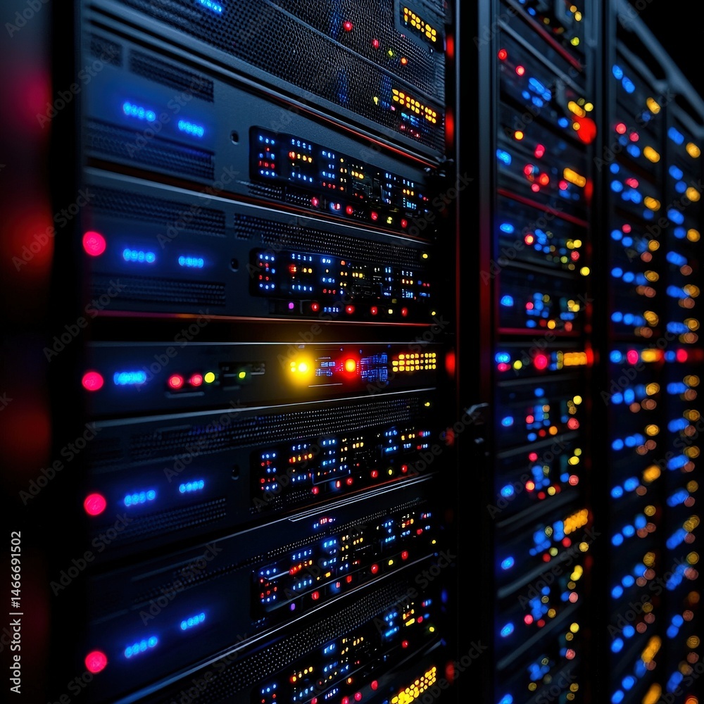 Poster high-tech server rack filled with multiple servers powering data processing in a modern data center