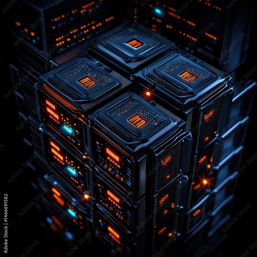 Poster array of servers in a technology environment showcasing modern equipment for data processing tasks