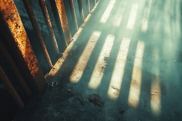 Rusty metal bars casting long shadows on a concrete floor.