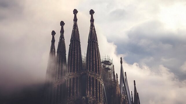 Gothic cathedral with a backdrop of rolling clouds, intricate stone details glowing softly under muted light, spires soaring into the overcast sky, wide scenic composition. 