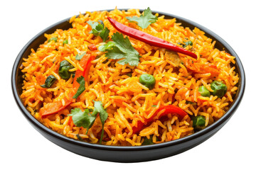 Spicy rice pilaf in a dark bowl A flavorful dish with a kick