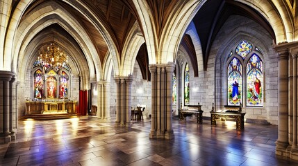 Gothic cathedral-inspired workspace, grand arches and glowing stained glass creating a serene ambiance, detailed stonework and vaulted ceilings, wide perspective 
