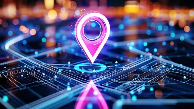Digital pin neon glowing on navigation board map, circuit geolocation amid neon urban landscape, representing advanced highlighting technology video 4k