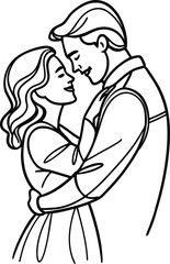 Romantic embrace of a loving couple in a minimalist black and white line art illustration