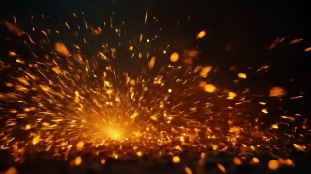 A dynamic and energetic shot of a firecracker exploding, sending a shower of bright orange and yellow sparks flying outwards against a dark background. The sparks vary in size and intensity, creating 