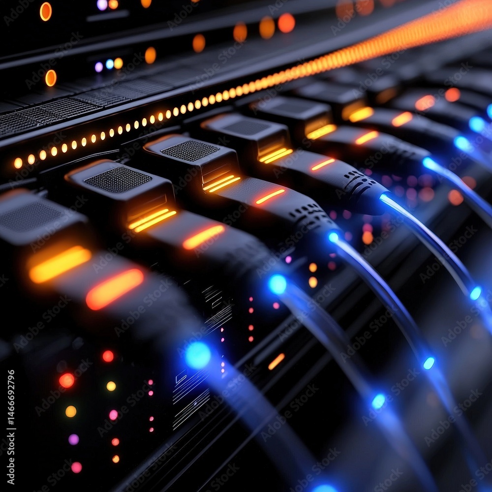 Poster a close-up of a computer keyboard illuminated with glowing lights creating a modern aesthetic