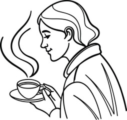Elegant black and white line drawing of a woman enjoying a warm cup of coffee