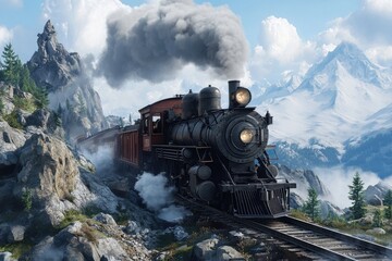 Fototapeta premium A steam train traveling through a mountainous landscape with snow capped peaks and cloudy skies above
