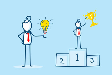 Business Success Illustration Featuring Stick Figures, One Holding a Lightbulb and the Other on a Podium with a Trophy in a Colorful Setting