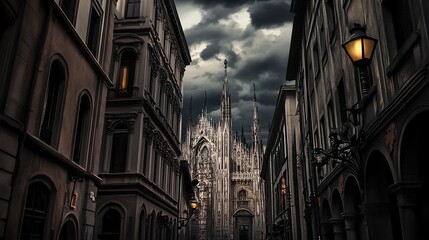 Fototapeta premium Gothic cityscape, storm clouds casting shadows over intricate cathedrals, flickering lanterns lighting narrow alleys, wide shot capturing the moody atmosphere. 