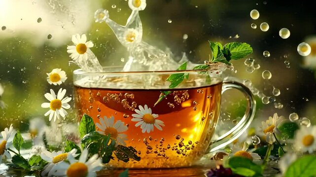 Cup of tea with chamomile and mint splash. Selective focus. Nature.