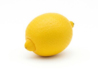 A single bright yellow lemon with a textured peel isolated against a plain white background studio shot