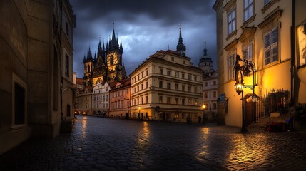 Obraz premium Gothic city under thunderous skies, towering cathedrals and dim alleys with flickering lantern light reflecting on wet cobblestones, dramatic panoramic view. 