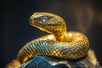 Golden snake sculpture with gemstone eyes on dark stone