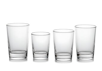 A row of four clear glass tumblers of varying sizes on a white background in a studio setting