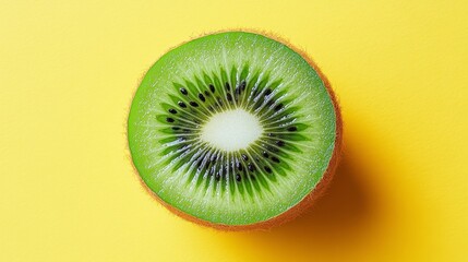 Ripe Green Kiwi Fruit, Cut in Half, Showcasing its Seeds, on a Vibrant Yellow Background.