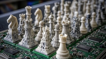 3D Printed Chess Pieces on Computer Circuit Board Close Up High Angle Shot Strategy Concept Technology Innovation
