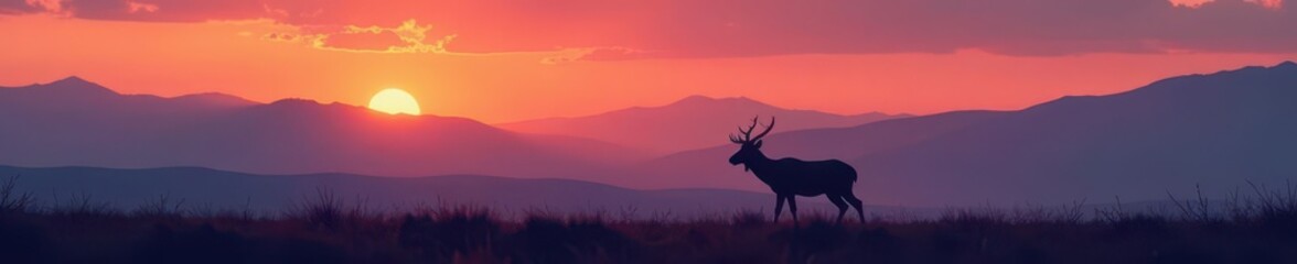 A lone antelope silhouetted against a majestic mountain range at dawn , outdoor, dawn, rocky mountains