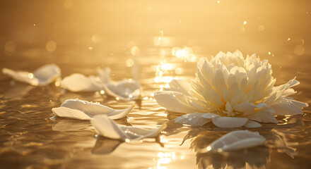 Creamy White Peony Petals in Hazy Golden Bath