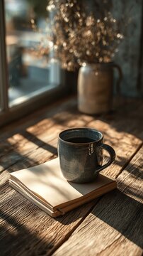 intuition calm purpose mindful living intention inner reflection A cozy scene featuring a cup of coffee beside a stack of notebooks, evoking warmth and creativity in a sunlit environment.