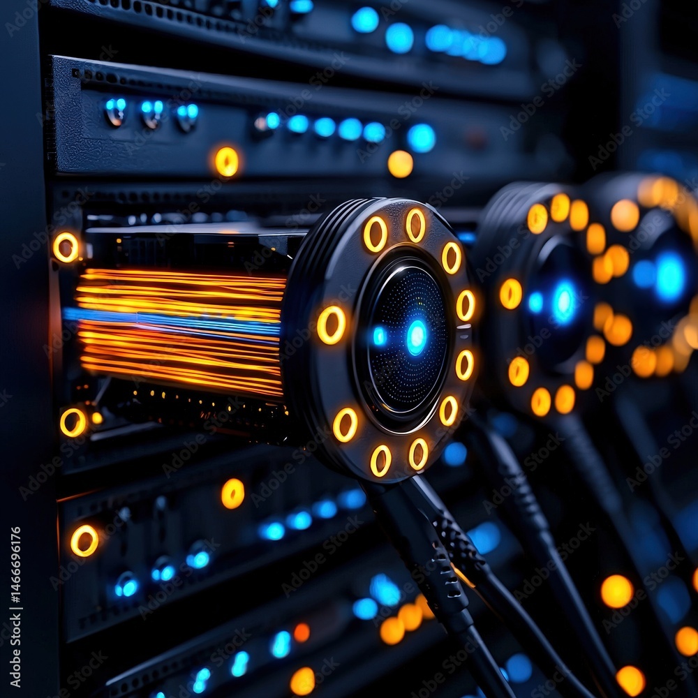 Poster high-tech server with glowing lights signifying active data processing in a modern digital environme