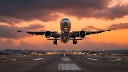 Fototapeta premium A large jetliner taking off from an airport runway at sunset or dawn with the landing gear down and the landing gear down, as the plane is about to take off
