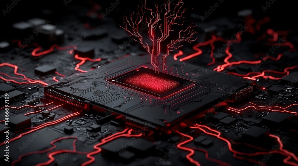 Poster close-up view of a computer processor featuring intricate circuitry and a striking red light effect