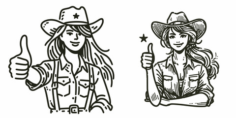 Obraz premium Cowgirl Thumbs up. Western cowgirl Outline Clipart line art doodle vector illustration. woman approval gesture rodeo girl showing agreement and positive vibe.