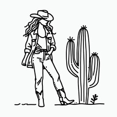 Cowgirl Standing with cactus. Western cowgirl Outline Clipart line art doodle vector illustration. female figure posing by arid succulent ranch vibe southwest flora.
