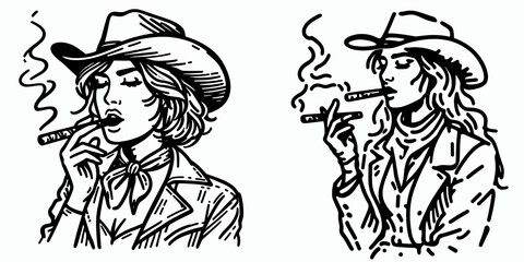 Fototapeta premium Cowgirl Smoking a cigar. Western cowgirl Outline Clipart line art doodle vector illustration. Ranch woman inhaling on stogie portrait of feminine outlaw attitude.