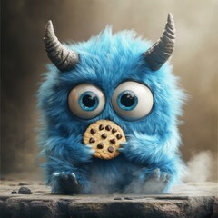 Cute blue monster holding chocolate chip cookie eye-level studio shot whimsical fantasy character adorable furry creature with horns
