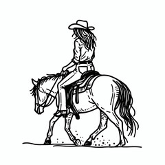 Fototapeta premium Cowgirl Saddling up. Western cowgirl Outline Clipart line art doodle vector illustration. female equestrian getting ready mounting animal for ranch routine.