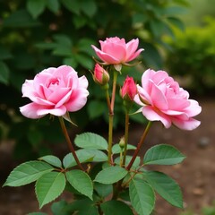 Elegant pink rose bush, slender stems, solitary blossoms, garden setting, nature background, summer flowers