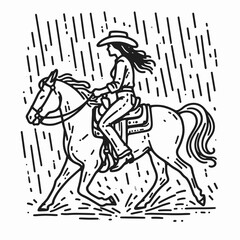 Fototapeta premium Cowgirl Riding in rain. Western cowgirl Outline Clipart line art doodle vector illustration. Equestrian female journey during rainfall charm beneath a deluge.