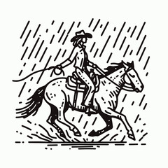 Cowgirl Riding in rain. Western cowgirl Outline Clipart line art doodle vector illustration. Equestrian female journey mounted amid a cloudburst country adventure.