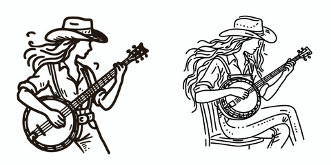 Naklejka premium Cowgirl Playing the banjo. Western cowgirl Outline Clipart line art doodle vector illustration. woman strumming instrument folk music rural activity stringed artwork.