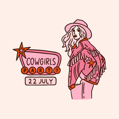 Attractive girl portrait in cowboy hat and denim jacket with fringe and stars. Vintage retro sign with the inscription: Cowgirls party. Whimsical trendy clipart for invitation card template. Wild West