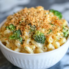 Close up of mac and cheese with broccoli and breadcrumbs in a white bowl on a marble surface studio shot