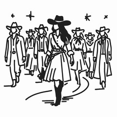 Cowgirl Leading a group. Western cowgirl Outline Clipart line art doodle vector illustration. Ranch woman guides caravan adventure rural journey frontier spirit.