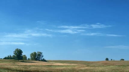 Obraz premium A large, open field with a clear blue sky and a few trees