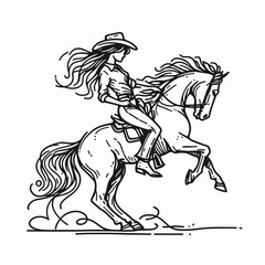 Cowgirl Horse rearing. Western cowgirl Outline Clipart line art doodle vector illustration. Equestrian female rider equine raising up frontier vista spirited mustang.