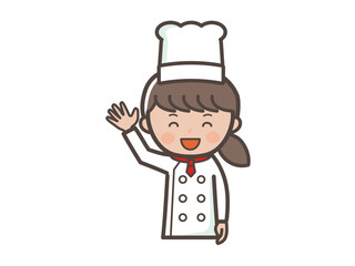 手を振って挨拶する若い女性コックさんの上半身イラスト
