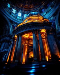 Obraz premium Interior of classical-style building with gold accents, blue columns, and warm lighting in a domed architecture