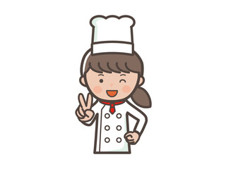 笑顔でピースをする若い女性コックさんの上半身イラスト
