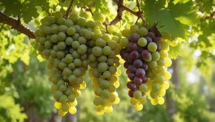 Fototapeta premium Verdant grapes thrive, sunlight dappling, nature's sweetness shown, grapes, green, fruit