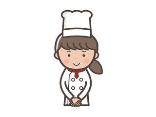 接客ポーズで出迎える若い女性コックさんの上半身イラスト