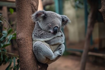 Sleeping koala bear hugs tree branch tightly