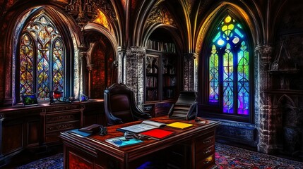 Obraz premium Grand Gothic home office, vibrant stained glass casting colorful reflections, detailed stonework on arches and walls, illuminated by soft ambient light, wide symmetrical view. 