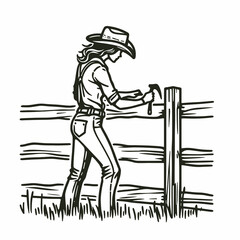 Cowgirl Fixing fence. Western cowgirl Outline Clipart line art doodle vector illustration. Ranch woman repairing enclosure rural vista livestock farmhand at work.