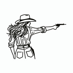 Cowgirl Facing off in duel. Western cowgirl Outline Clipart line art doodle vector illustration. Woman champion battling rival showdown old frontier challenge.